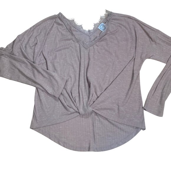 Francesca's Blue Rain Rose Ribbed Lace Lined V Neck Knotted Front Long Sleeve Ts - Picture 3 of 5